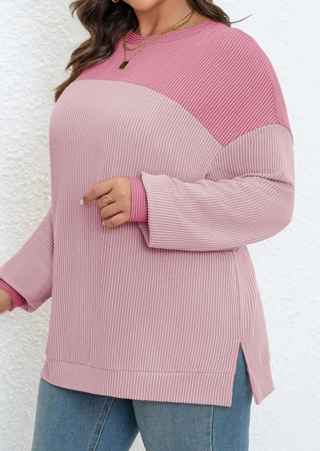 Womens Plus Size Sweatshirt Color Block Side Split Long Sleeve Crewneck Casual Loose Pullover Shirt Top