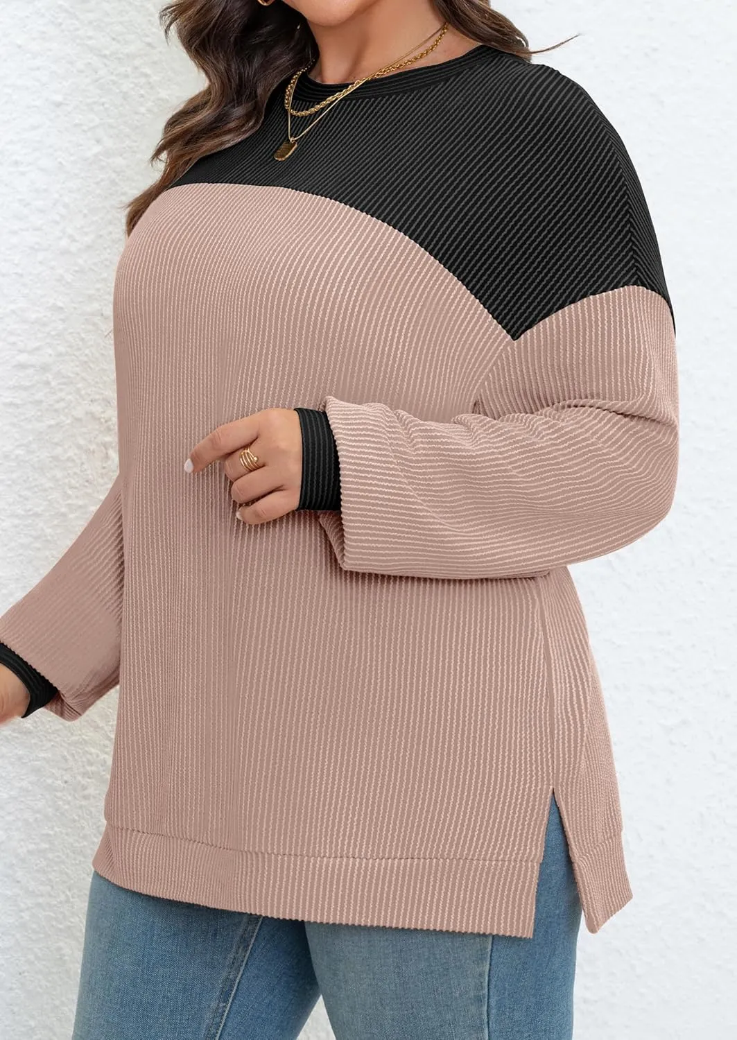 Womens Plus Size Sweatshirt Color Block Side Split Long Sleeve Crewneck Casual Loose Pullover Shirt Top