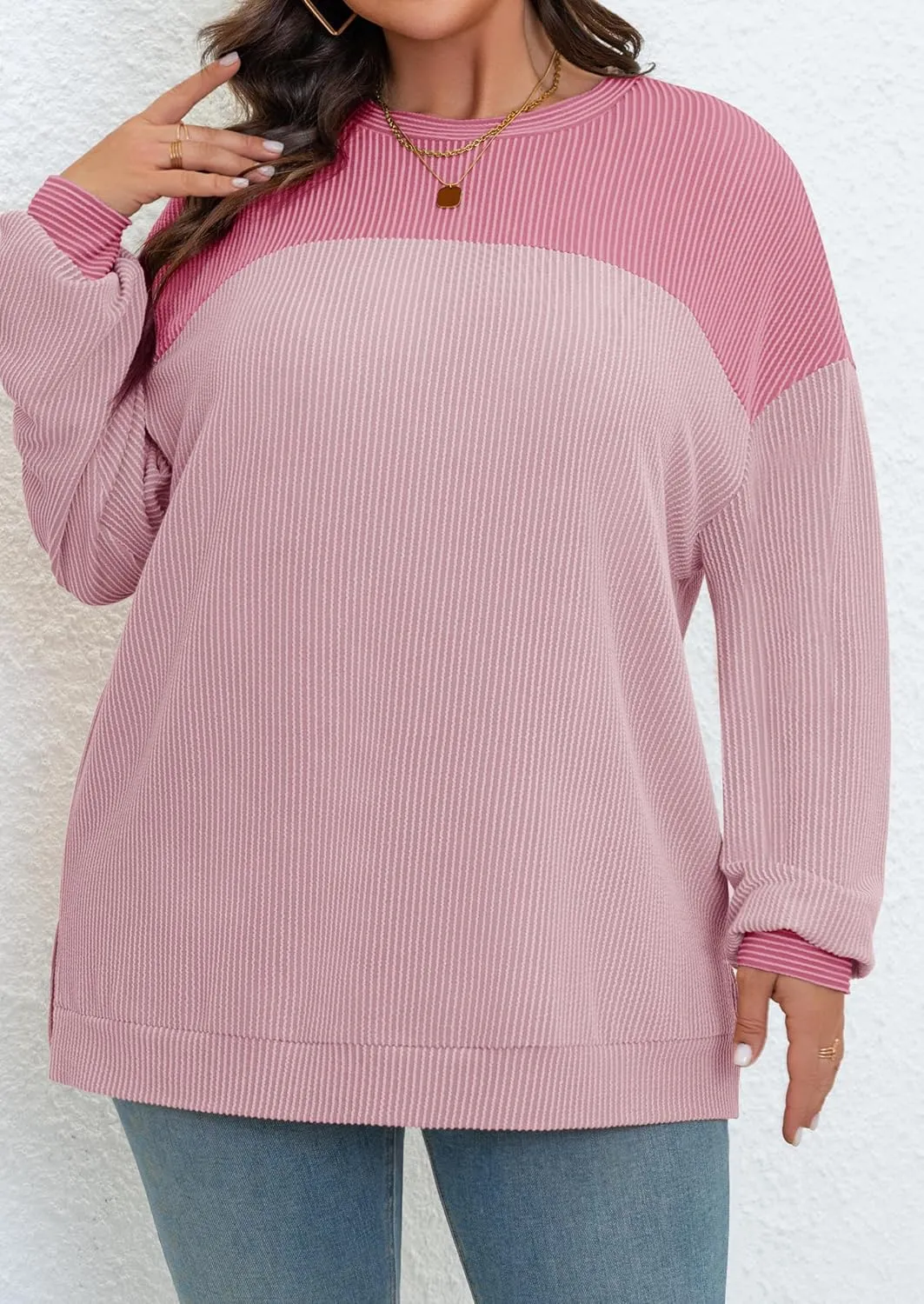 Womens Plus Size Sweatshirt Color Block Side Split Long Sleeve Crewneck Casual Loose Pullover Shirt Top