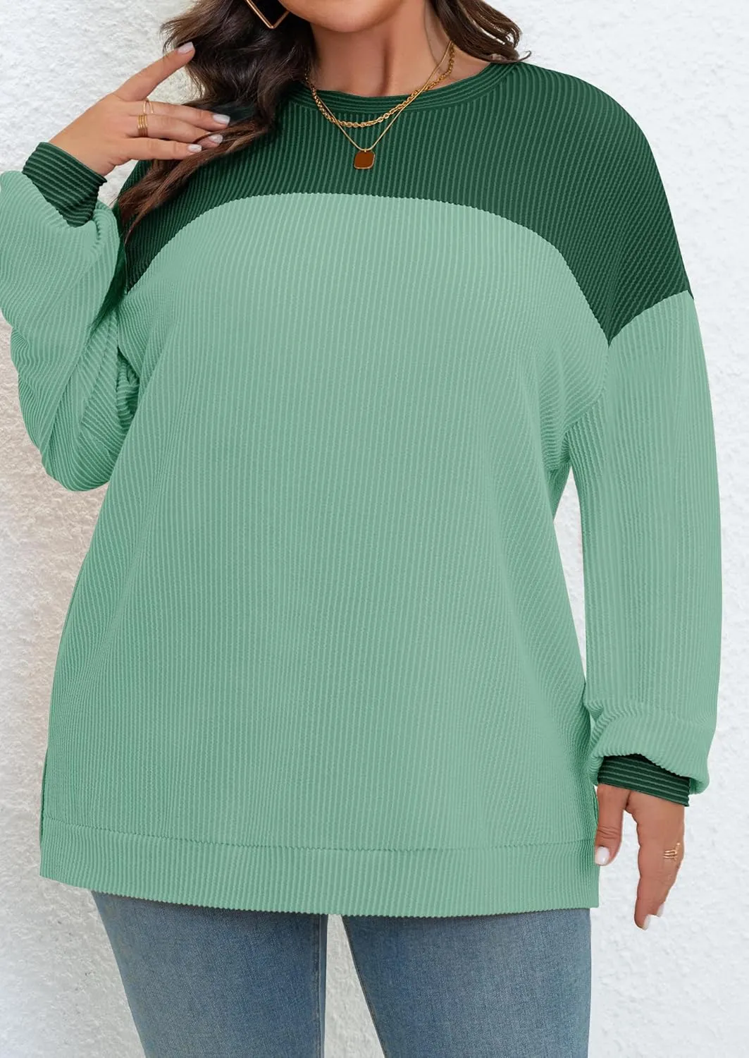 Womens Plus Size Sweatshirt Color Block Side Split Long Sleeve Crewneck Casual Loose Pullover Shirt Top