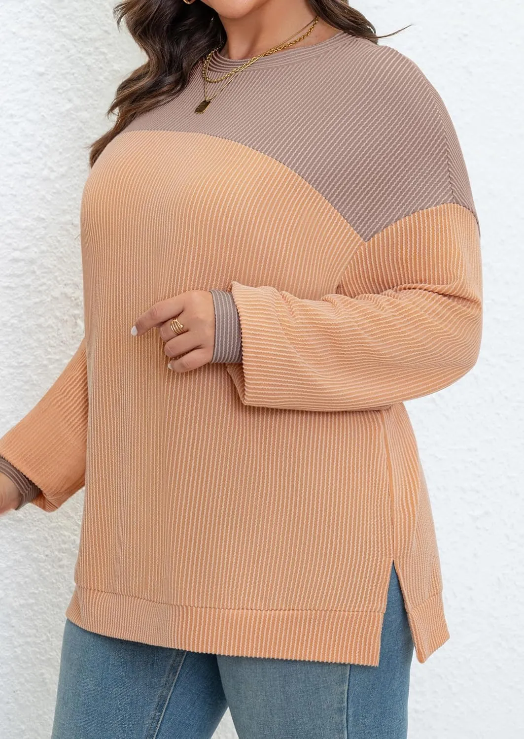 Womens Plus Size Sweatshirt Color Block Side Split Long Sleeve Crewneck Casual Loose Pullover Shirt Top