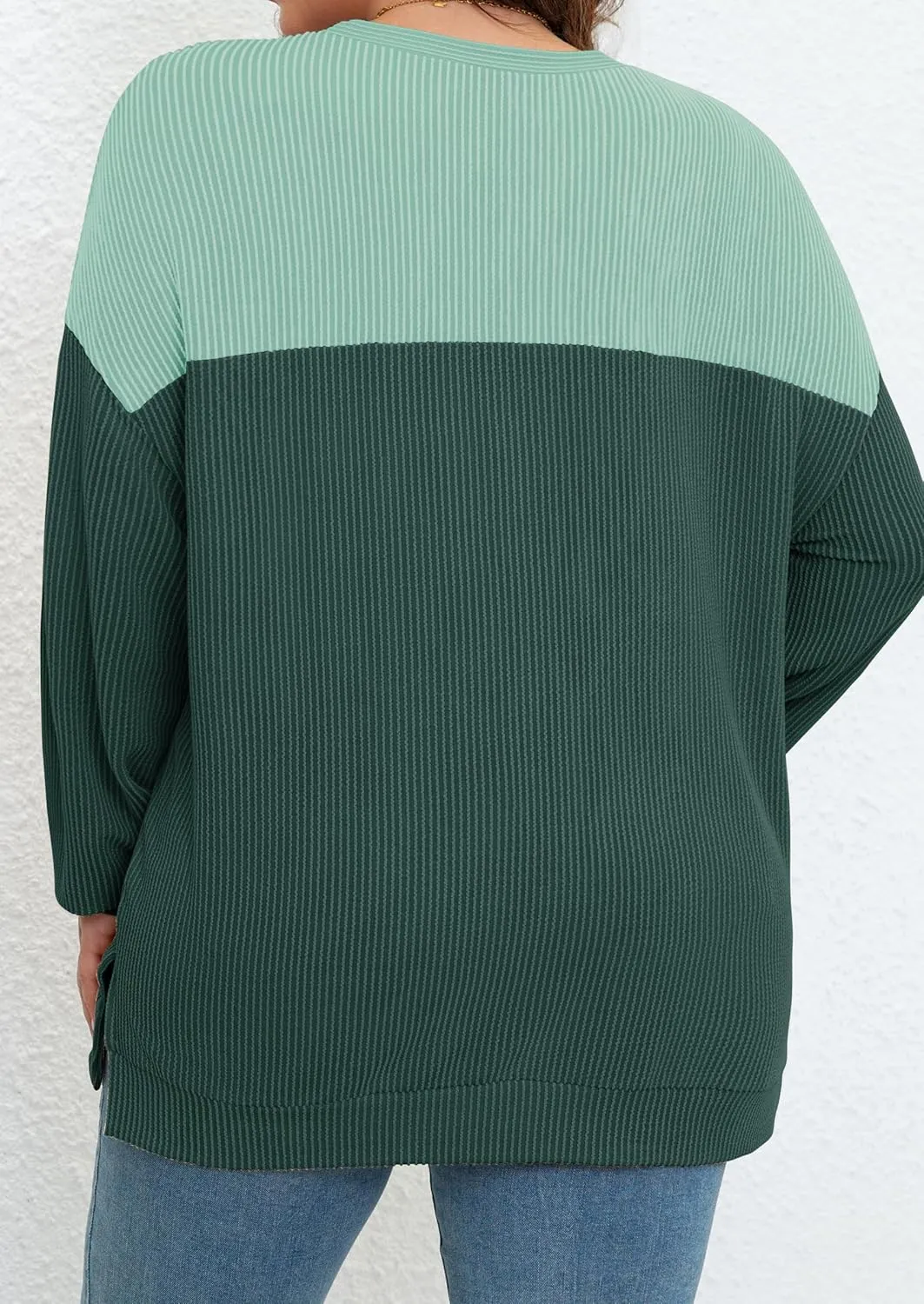 Womens Plus Size Sweatshirt Color Block Side Split Long Sleeve Crewneck Casual Loose Pullover Shirt Top