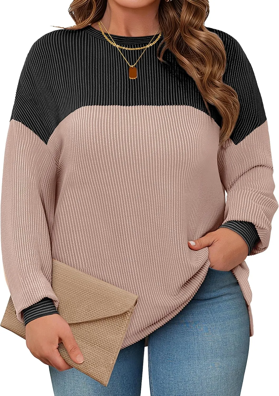 Womens Plus Size Sweatshirt Color Block Side Split Long Sleeve Crewneck Casual Loose Pullover Shirt Top