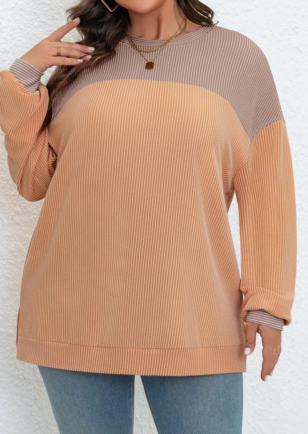Womens Plus Size Sweatshirt Color Block Side Split Long Sleeve Crewneck Casual Loose Pullover Shirt Top