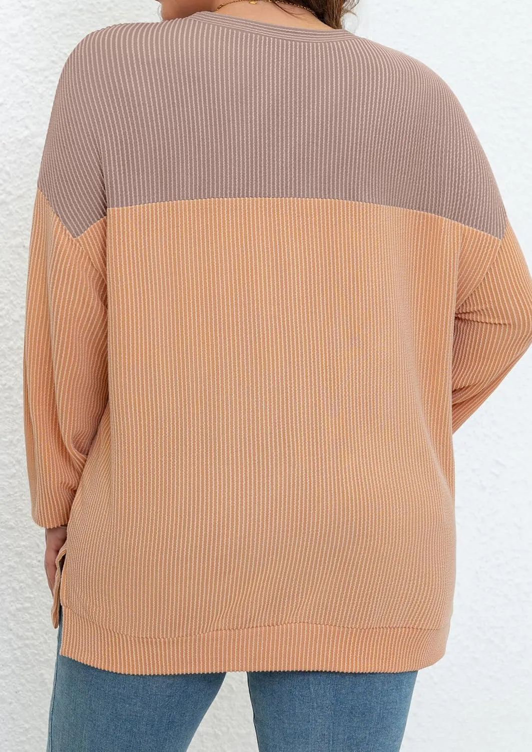 Womens Plus Size Sweatshirt Color Block Side Split Long Sleeve Crewneck Casual Loose Pullover Shirt Top