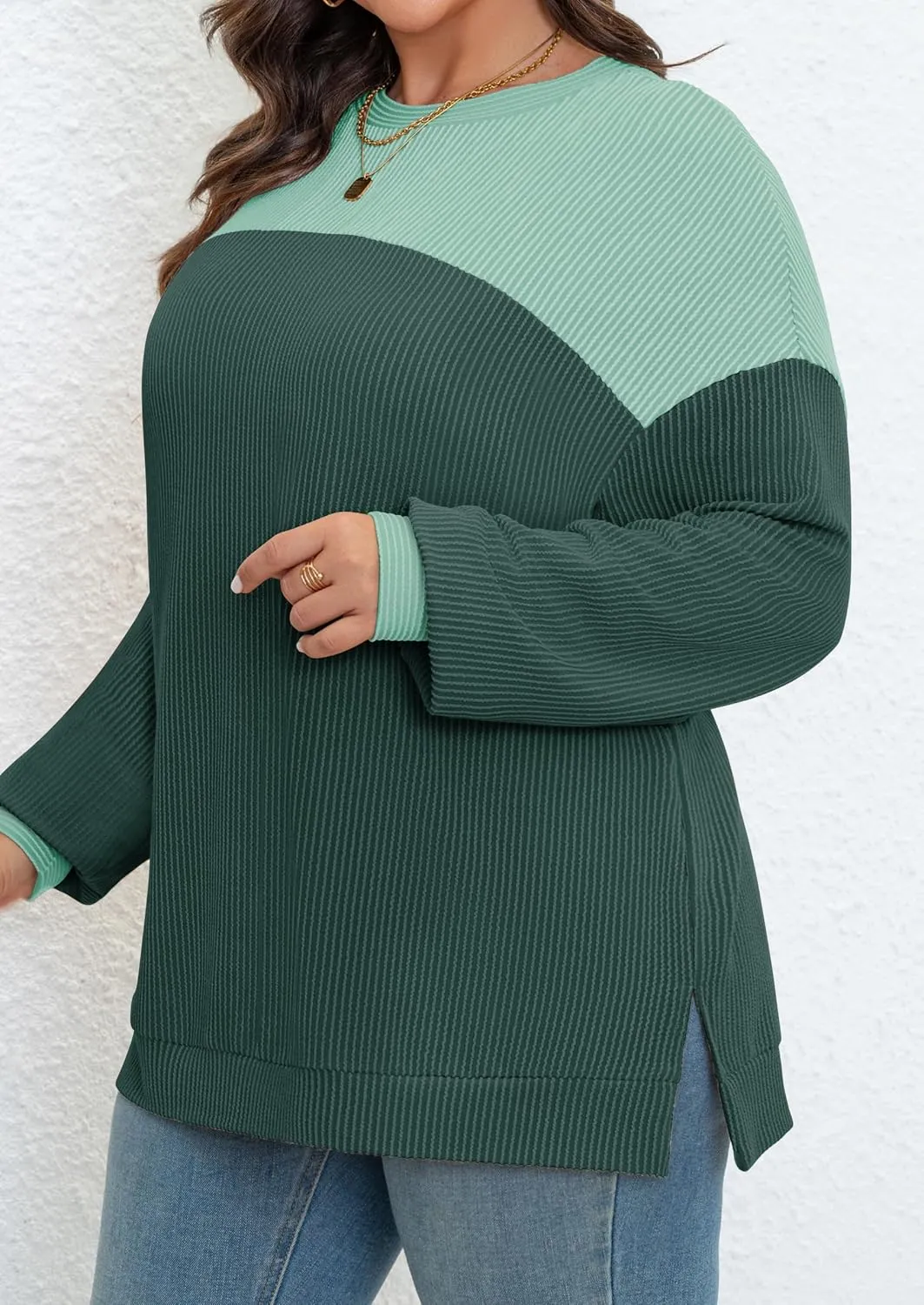 Womens Plus Size Sweatshirt Color Block Side Split Long Sleeve Crewneck Casual Loose Pullover Shirt Top