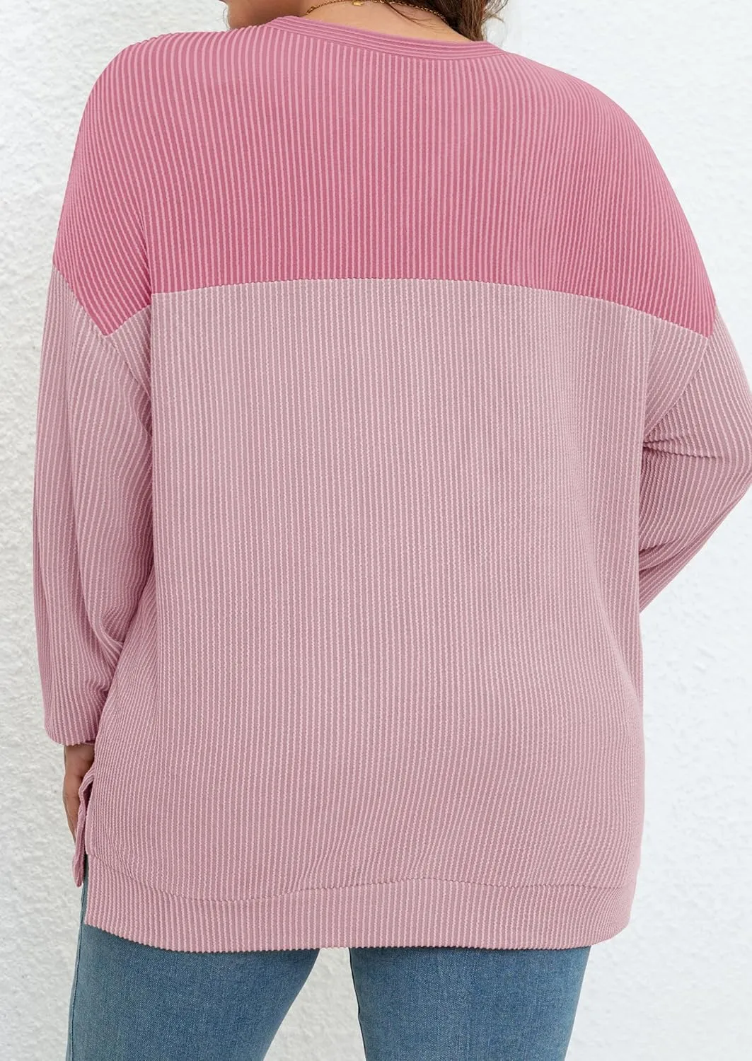 Womens Plus Size Sweatshirt Color Block Side Split Long Sleeve Crewneck Casual Loose Pullover Shirt Top