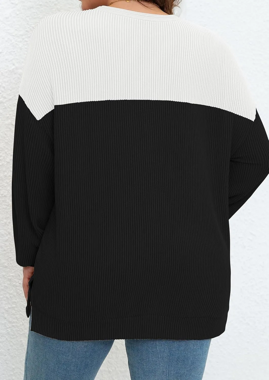 Womens Plus Size Sweatshirt Color Block Side Split Long Sleeve Crewneck Casual Loose Pullover Shirt Top