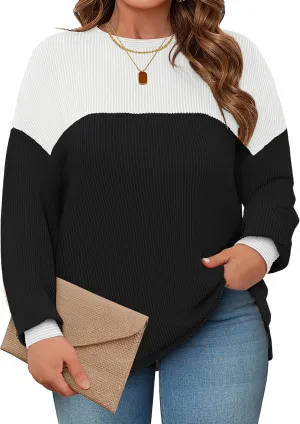 Womens Plus Size Sweatshirt Color Block Side Split Long Sleeve Crewneck Casual Loose Pullover Shirt Top
