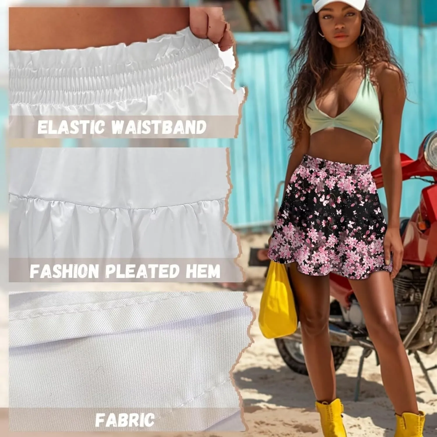 Women's Ruffle Flowy Mini Skirt Summer Pleated High Waisted Casual Skirts for Tennis Cycling Cricket Golf