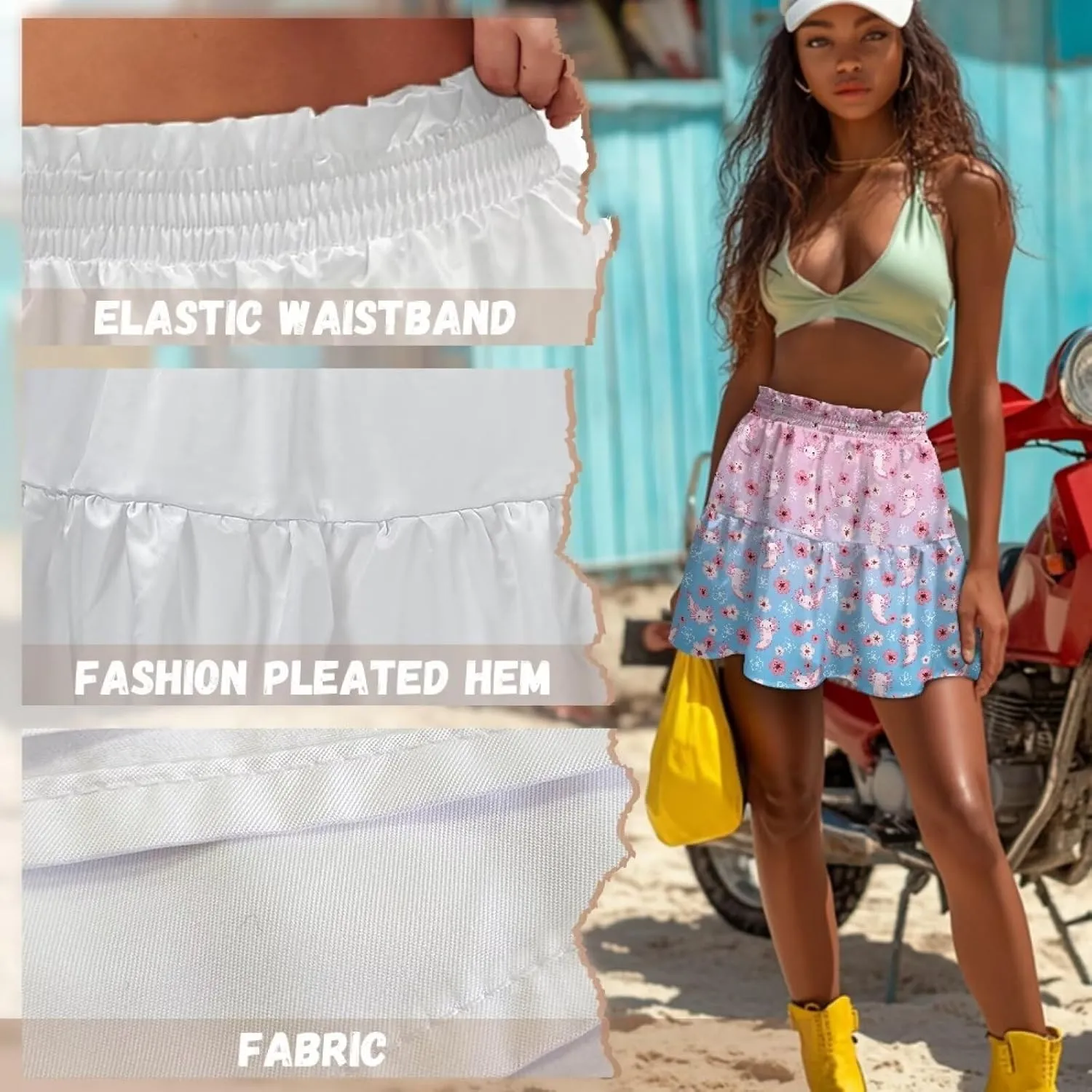 Women's Ruffle Flowy Mini Skirt Summer Pleated High Waisted Casual Skirts for Tennis Cycling Cricket Golf