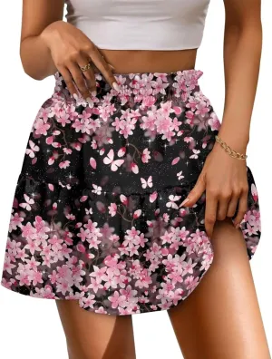 Women's Ruffle Flowy Mini Skirt Summer Pleated High Waisted Casual Skirts for Tennis Cycling Cricket Golf