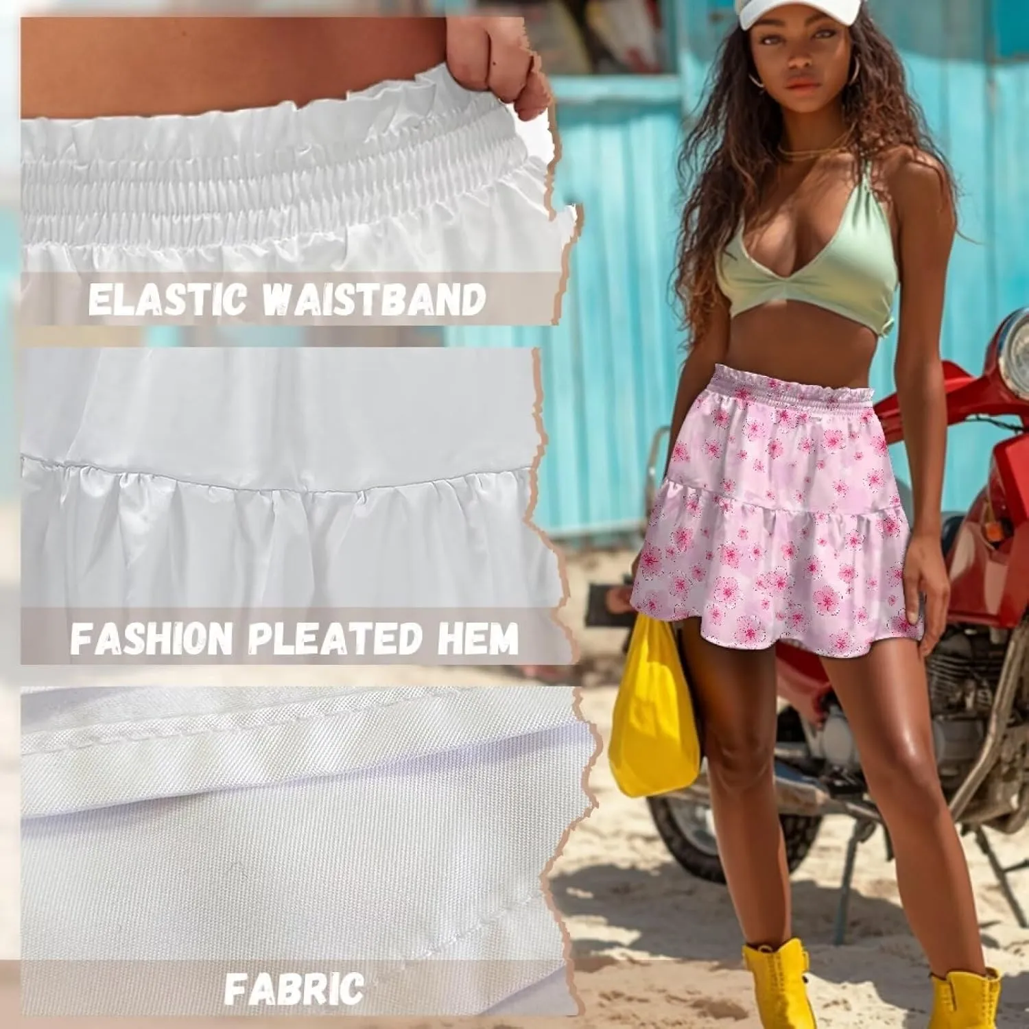 Women's Ruffle Flowy Mini Skirt Summer Pleated High Waisted Casual Skirts for Tennis Cycling Cricket Golf