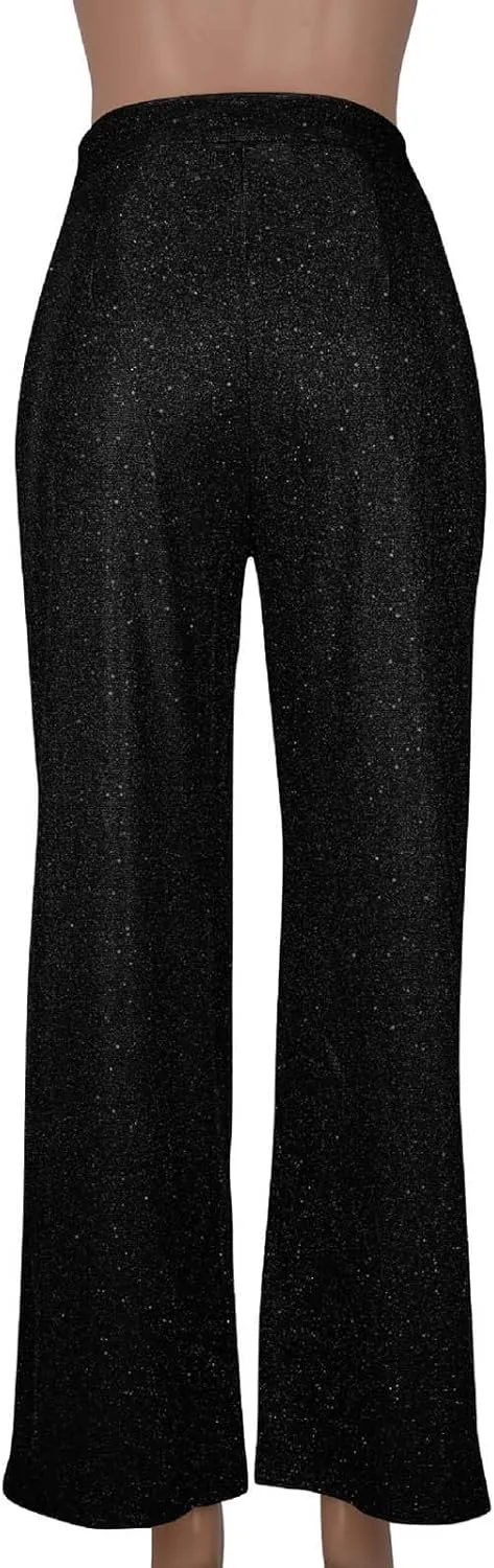 Women's Shiny Sequin Pants Fashion High Waisted Wide Leg Casual Pants Comfy Loose Fit Wrinkle Free Club Party Slacks
