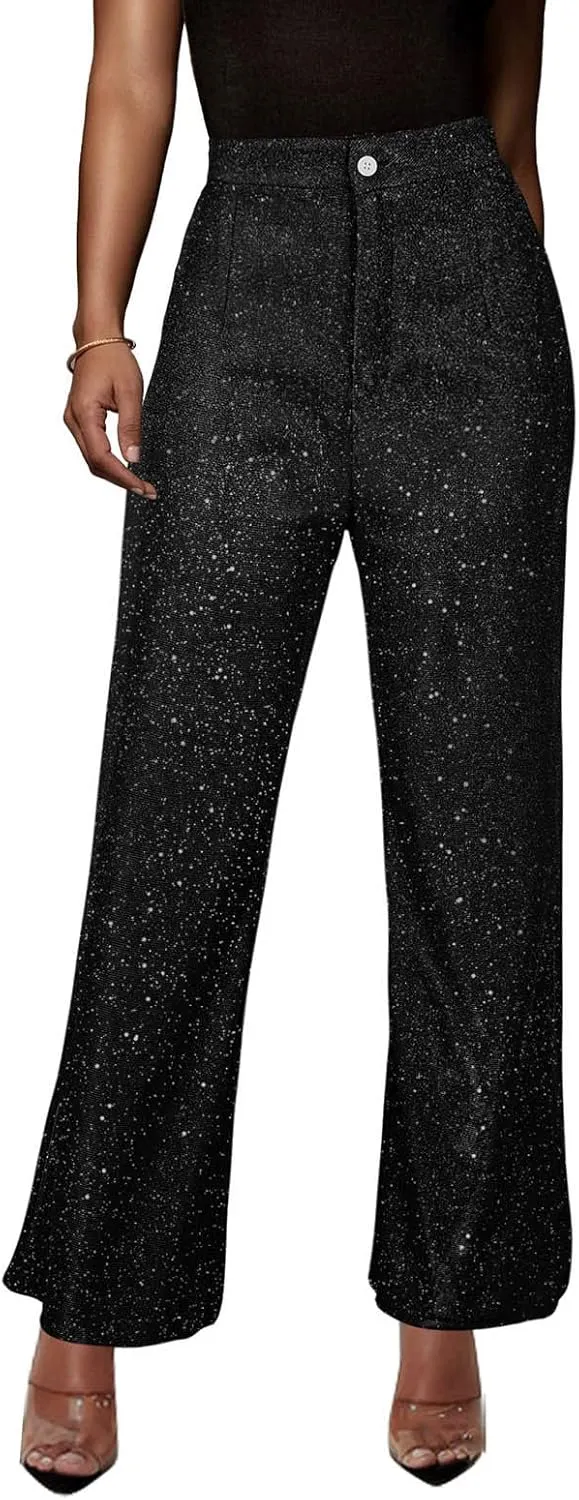 Women's Shiny Sequin Pants Fashion High Waisted Wide Leg Casual Pants Comfy Loose Fit Wrinkle Free Club Party Slacks