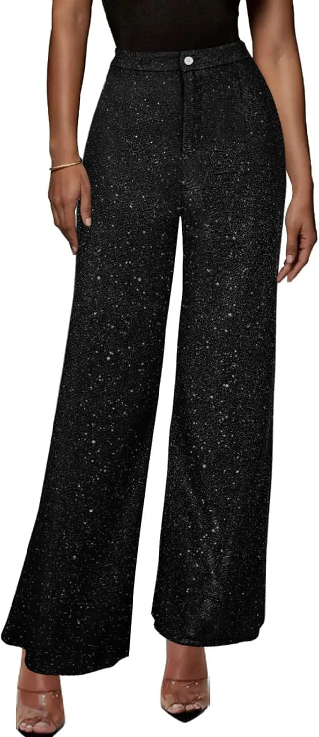 Women's Shiny Sequin Pants Fashion High Waisted Wide Leg Casual Pants Comfy Loose Fit Wrinkle Free Club Party Slacks