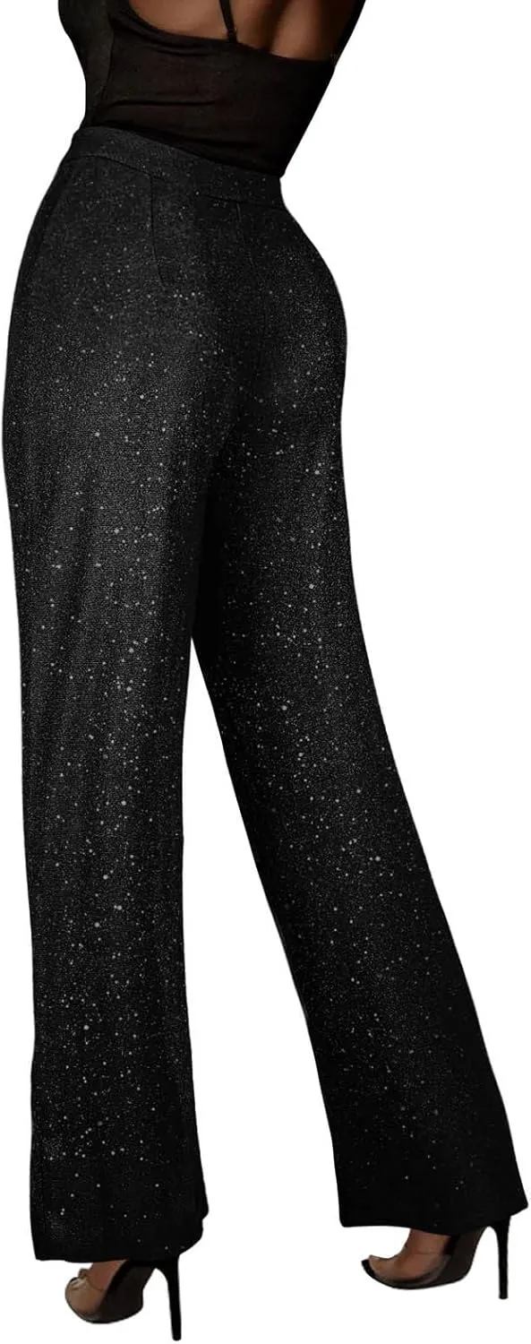 Women's Shiny Sequin Pants Fashion High Waisted Wide Leg Casual Pants Comfy Loose Fit Wrinkle Free Club Party Slacks