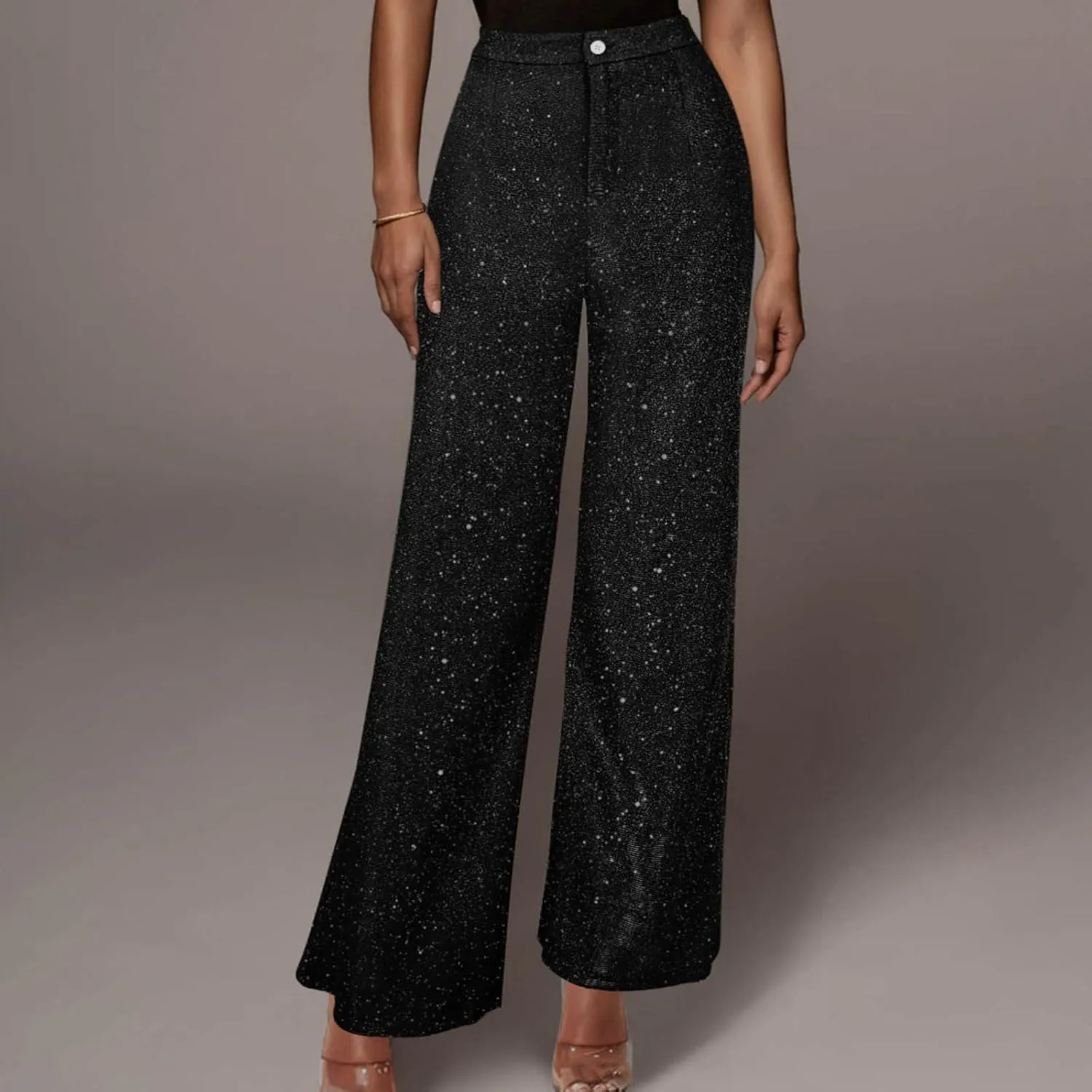 Women's Shiny Sequin Pants Fashion High Waisted Wide Leg Casual Pants Comfy Loose Fit Wrinkle Free Club Party Slacks