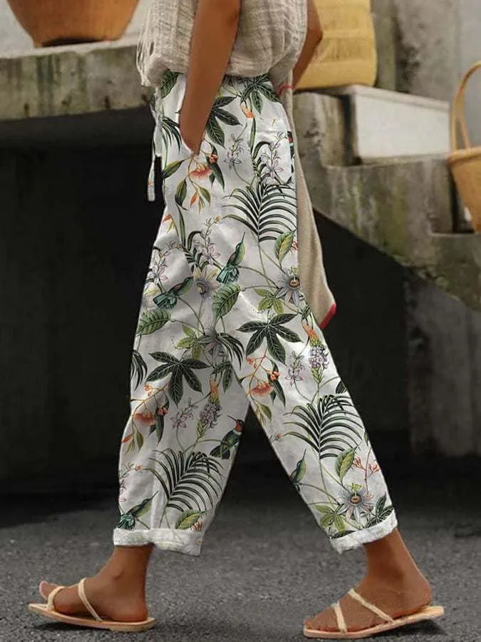 Women's Summer Boho Floral Casual Linen Pants Elastic High Waisted Wide Leg Beach Trousers with Pockets Plus Size