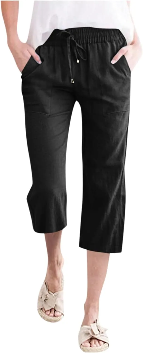 Womens Summer Casual Cotton Linen Capri Pants Drawstring Elastic Waist Wide Leg Trousers Beach Vacation Outfits