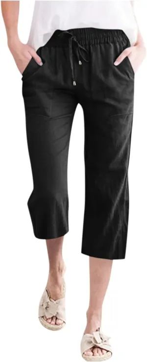 Womens Summer Casual Cotton Linen Capri Pants Drawstring Elastic Waist Wide Leg Trousers Beach Vacation Outfits