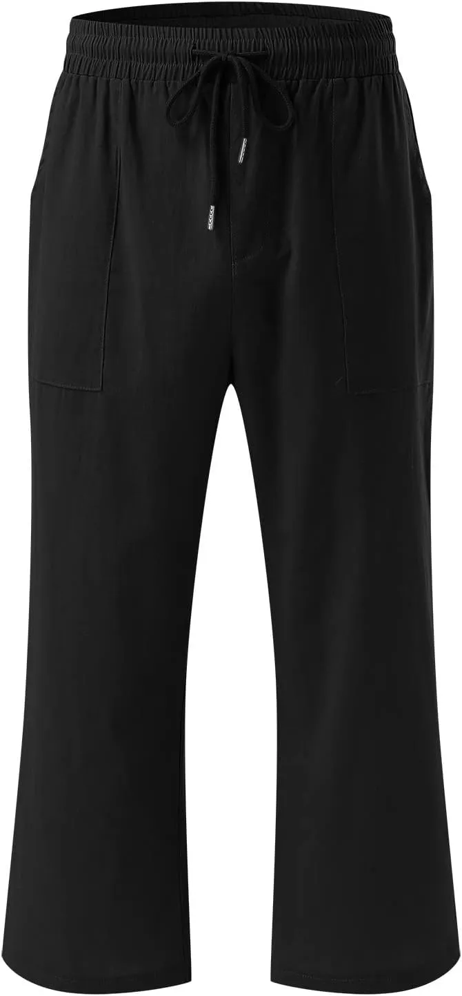 Womens Summer Casual Cotton Linen Capri Pants Drawstring Elastic Waist Wide Leg Trousers Beach Vacation Outfits