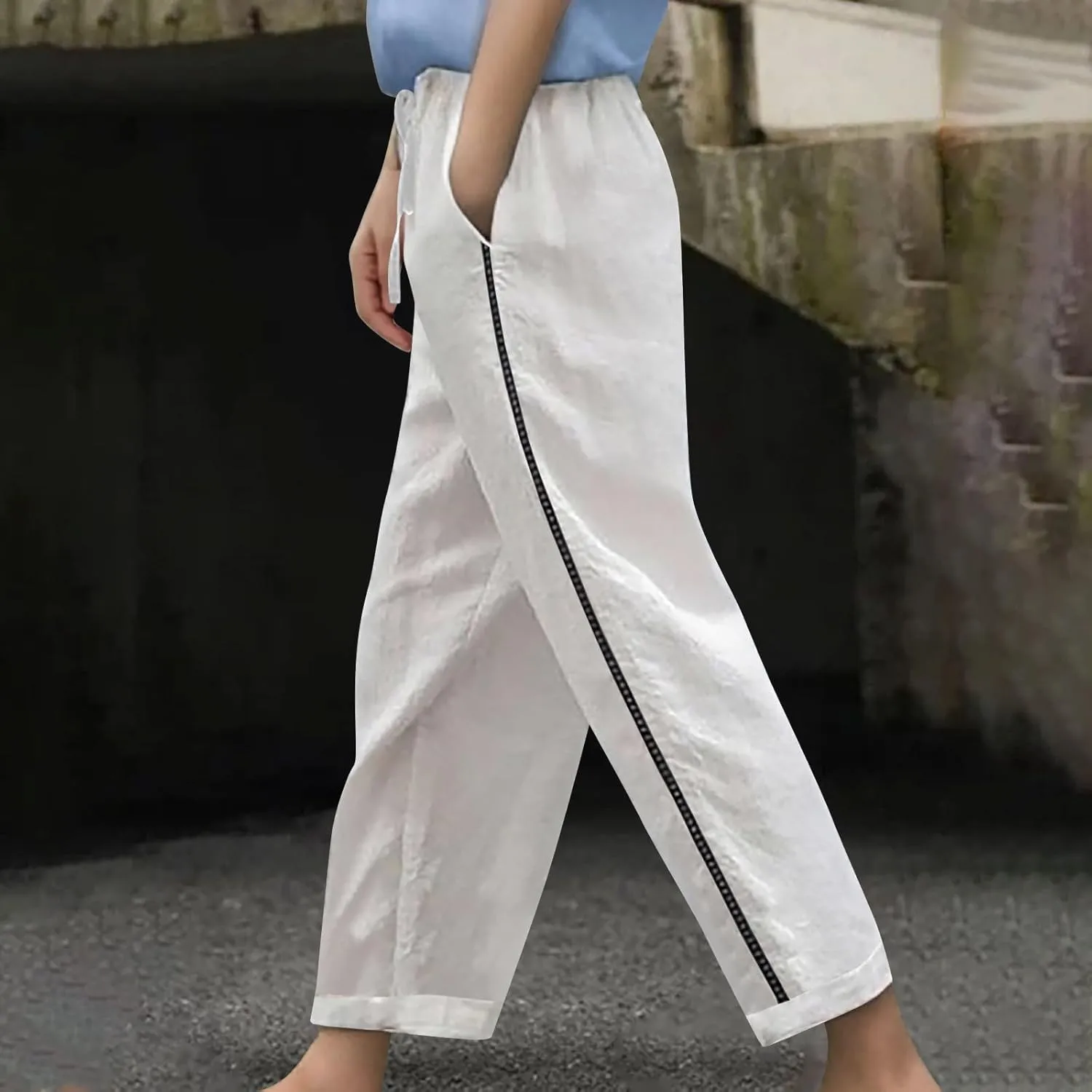 Women's Summer Casual Linen Pants Straight Leg Elastic Waist Trousers with Pockets Soft Travel Loose Fit Lounge Pant
