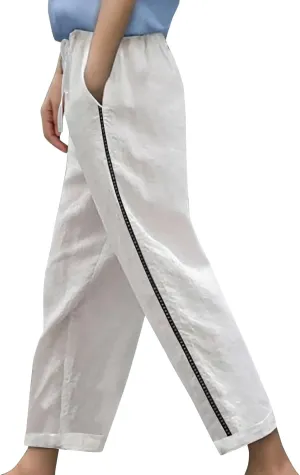 Women's Summer Casual Linen Pants Straight Leg Elastic Waist Trousers with Pockets Soft Travel Loose Fit Lounge Pant