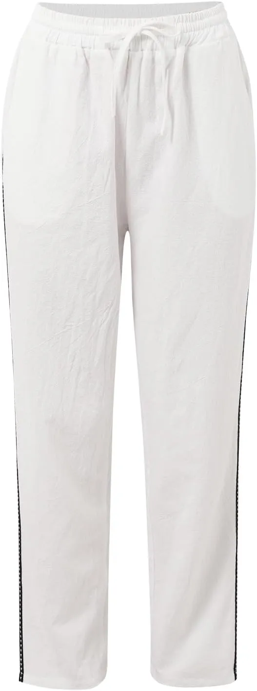 Women's Summer Casual Linen Pants Straight Leg Elastic Waist Trousers with Pockets Soft Travel Loose Fit Lounge Pant