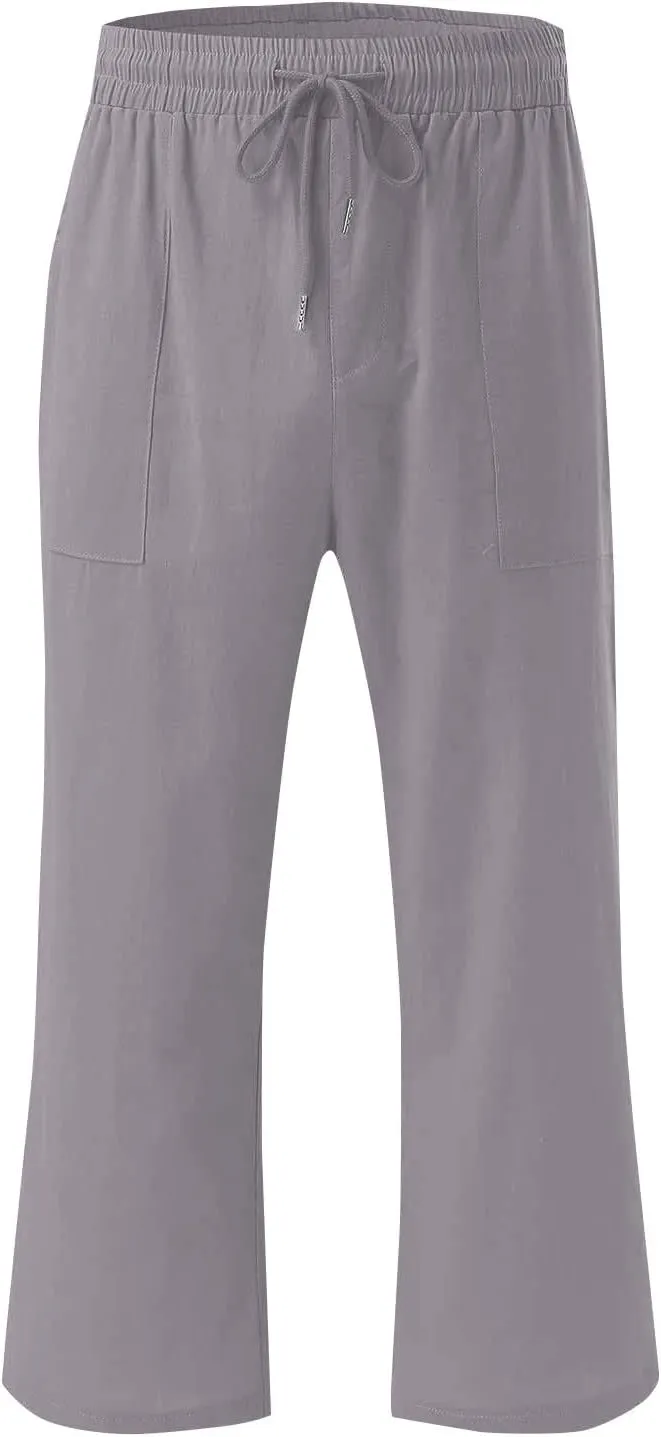 Womens Summer Cotton Linen Capri Casual Drawstring Elastic Waist Wide Leg Cropped Pants Beach Vacation Outfits
