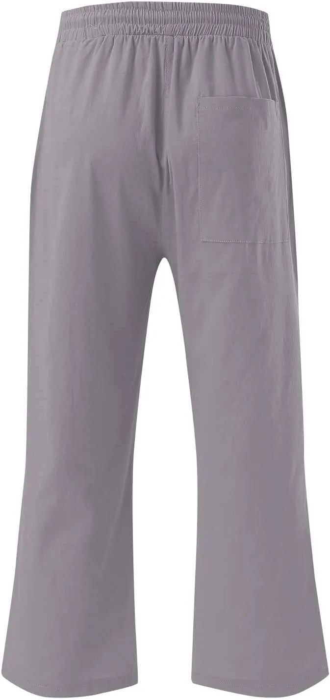 Womens Summer Cotton Linen Capri Casual Drawstring Elastic Waist Wide Leg Cropped Pants Beach Vacation Outfits