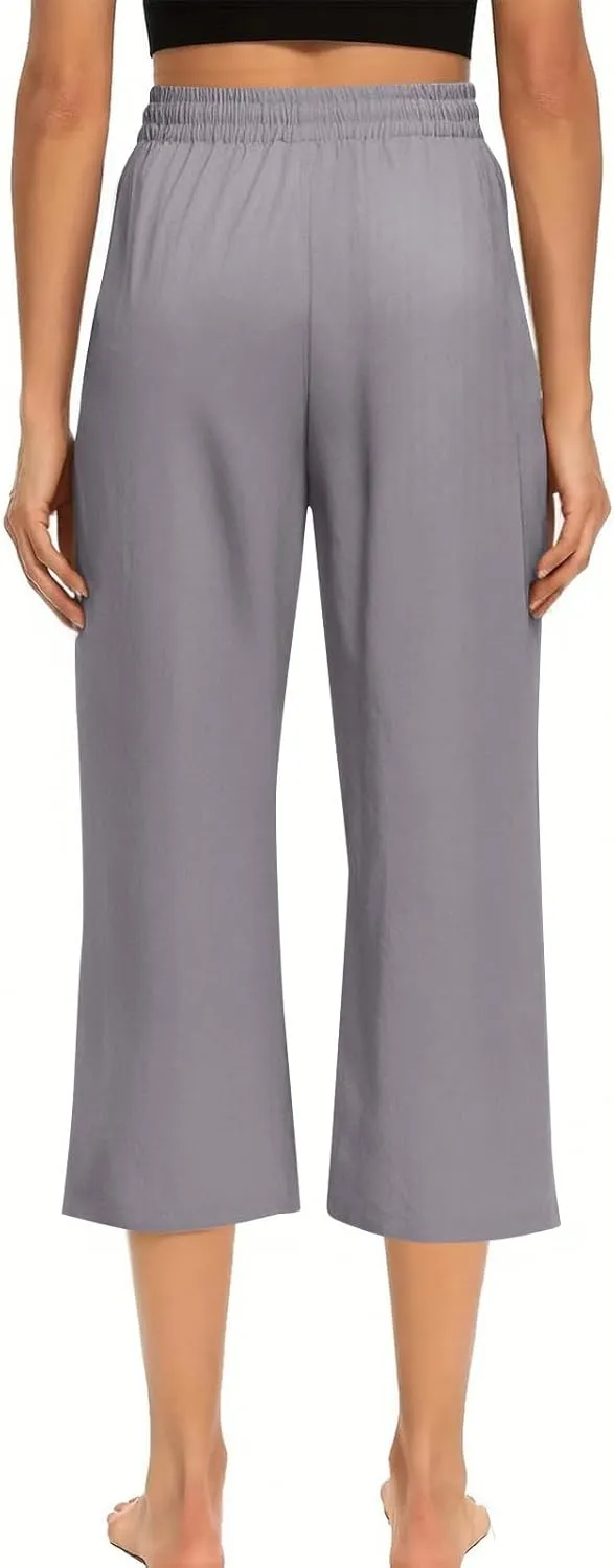 Womens Summer Cotton Linen Capri Casual Drawstring Elastic Waist Wide Leg Cropped Pants Beach Vacation Outfits