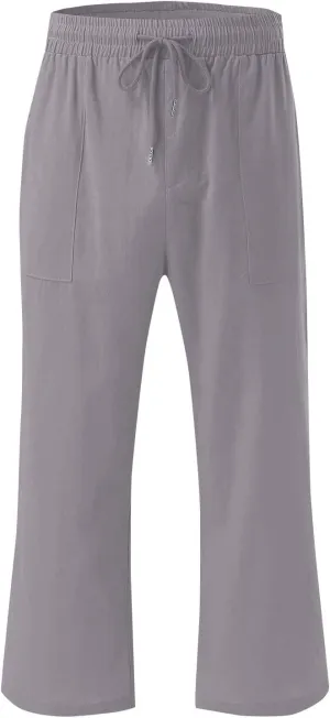 Womens Summer Cotton Linen Capri Casual Drawstring Elastic Waist Wide Leg Cropped Pants Beach Vacation Outfits
