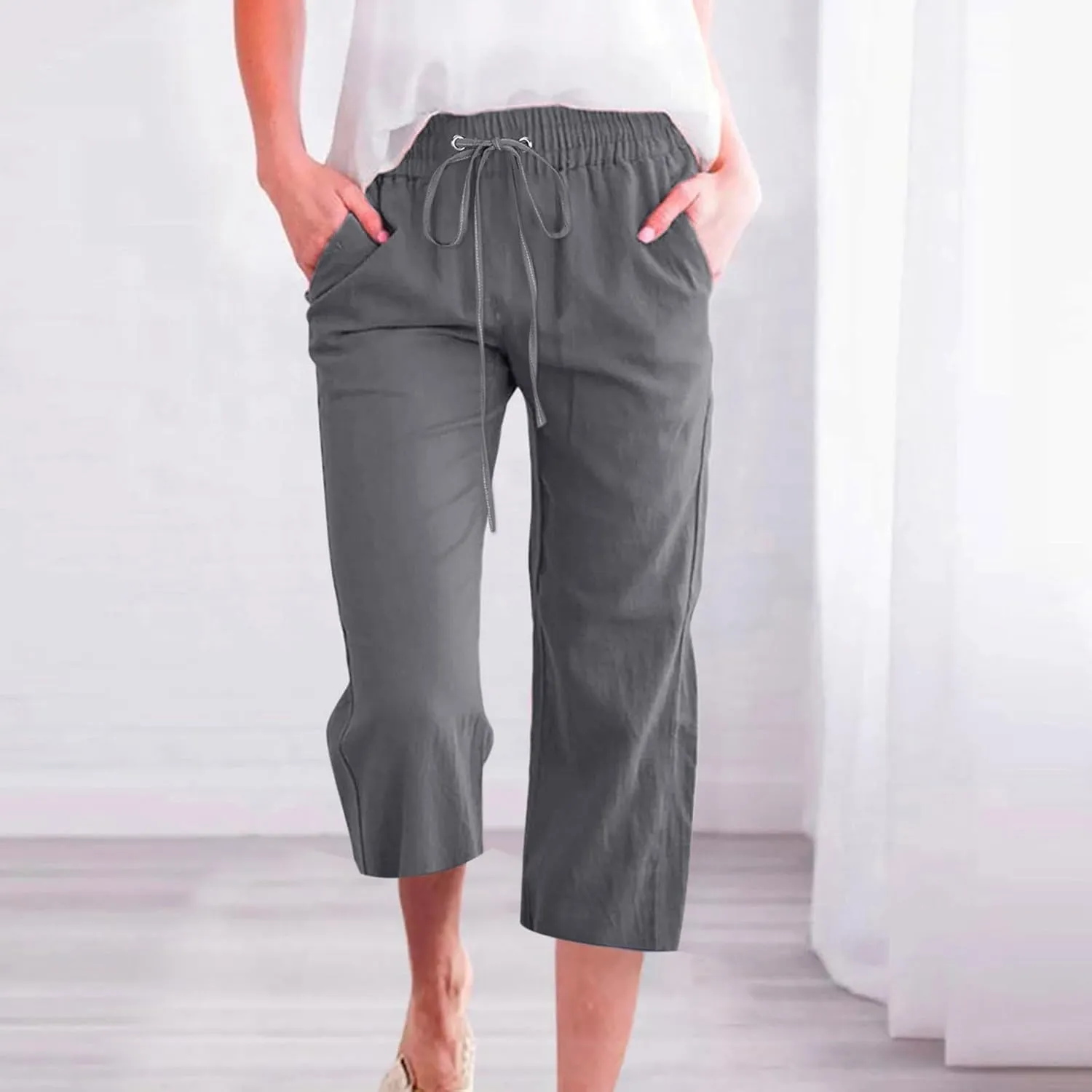 Womens Summer Cotton Linen Capri Casual Drawstring Elastic Waist Wide Leg Cropped Pants Beach Vacation Outfits