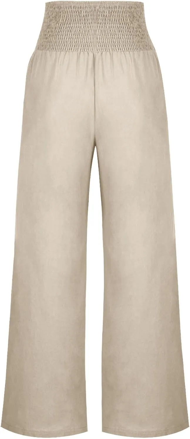 Womens Summer Cotton Linen Palazzo Pants Casual Smocked Waist Wide Leg Pants Loose Beach Lounge Trousers with Pockets