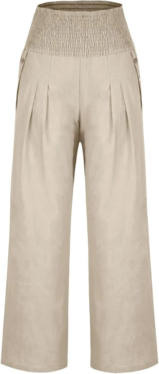 Womens Summer Cotton Linen Palazzo Pants Casual Smocked Waist Wide Leg Pants Loose Beach Lounge Trousers with Pockets