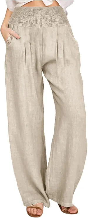 Womens Summer Cotton Linen Palazzo Pants Casual Smocked Waist Wide Leg Pants Loose Beach Lounge Trousers with Pockets