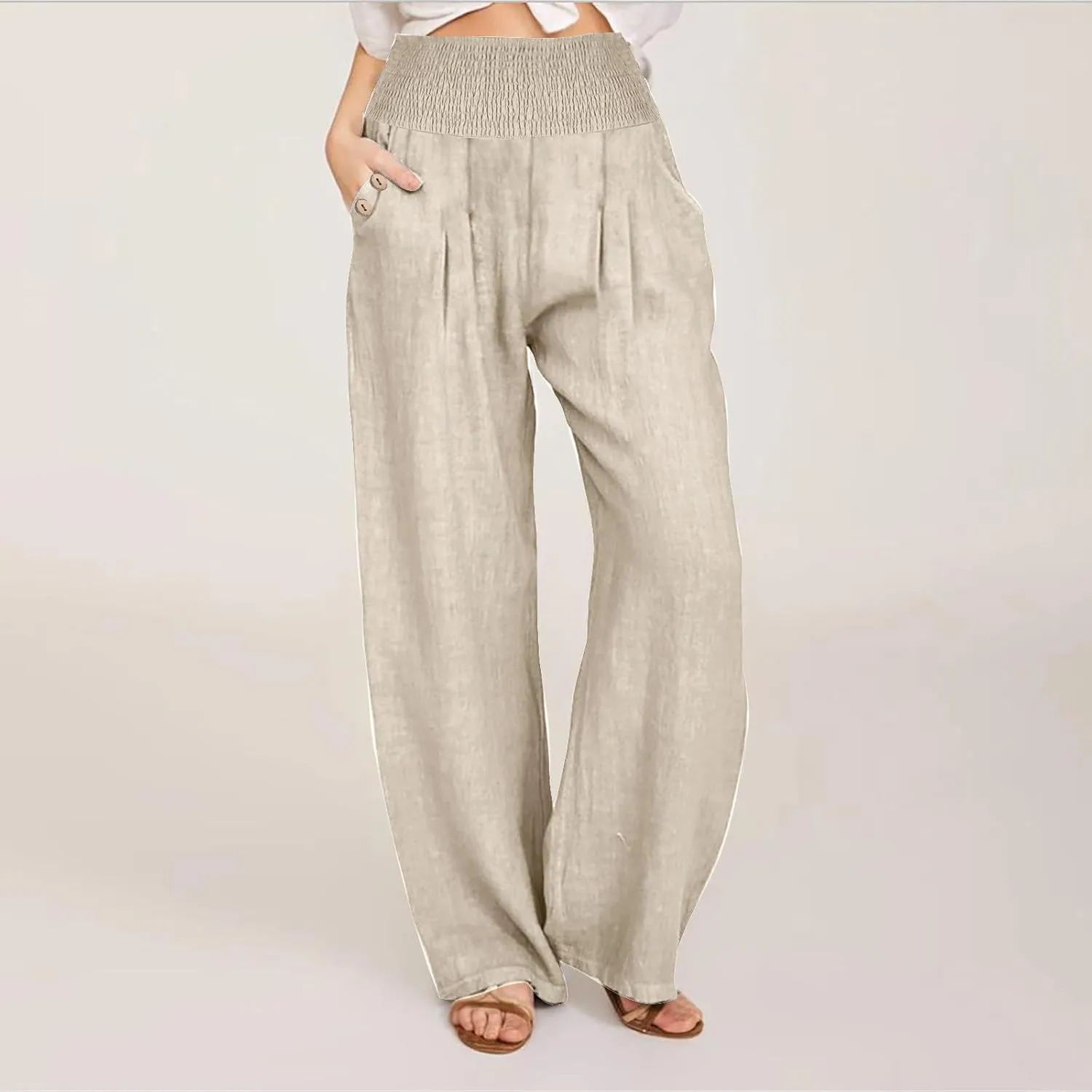 Womens Summer Cotton Linen Palazzo Pants Casual Smocked Waist Wide Leg Pants Loose Beach Lounge Trousers with Pockets
