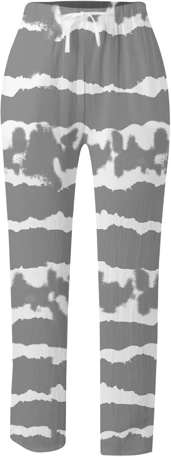 Women's Summer Cotton Linen Pants Elastic Waist Drawstring Straight Leg Lounge Pants Color Block Trousers with Pocket