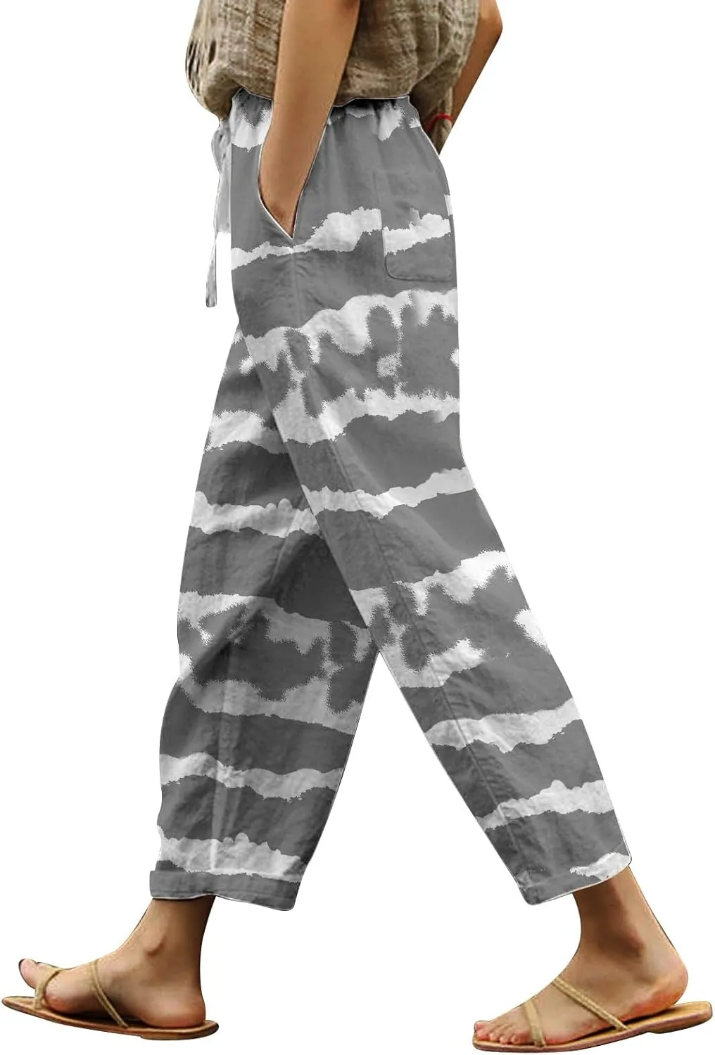 Women's Summer Cotton Linen Pants Elastic Waist Drawstring Straight Leg Lounge Pants Color Block Trousers with Pocket