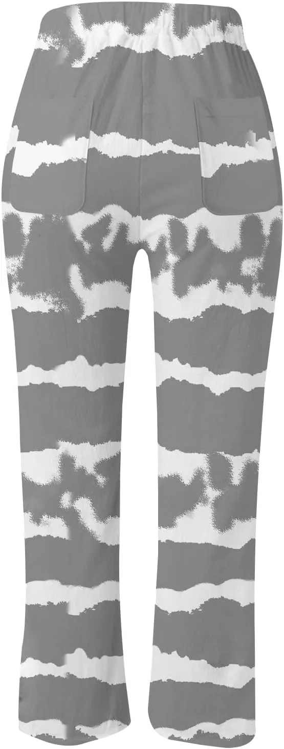 Women's Summer Cotton Linen Pants Elastic Waist Drawstring Straight Leg Lounge Pants Color Block Trousers with Pocket