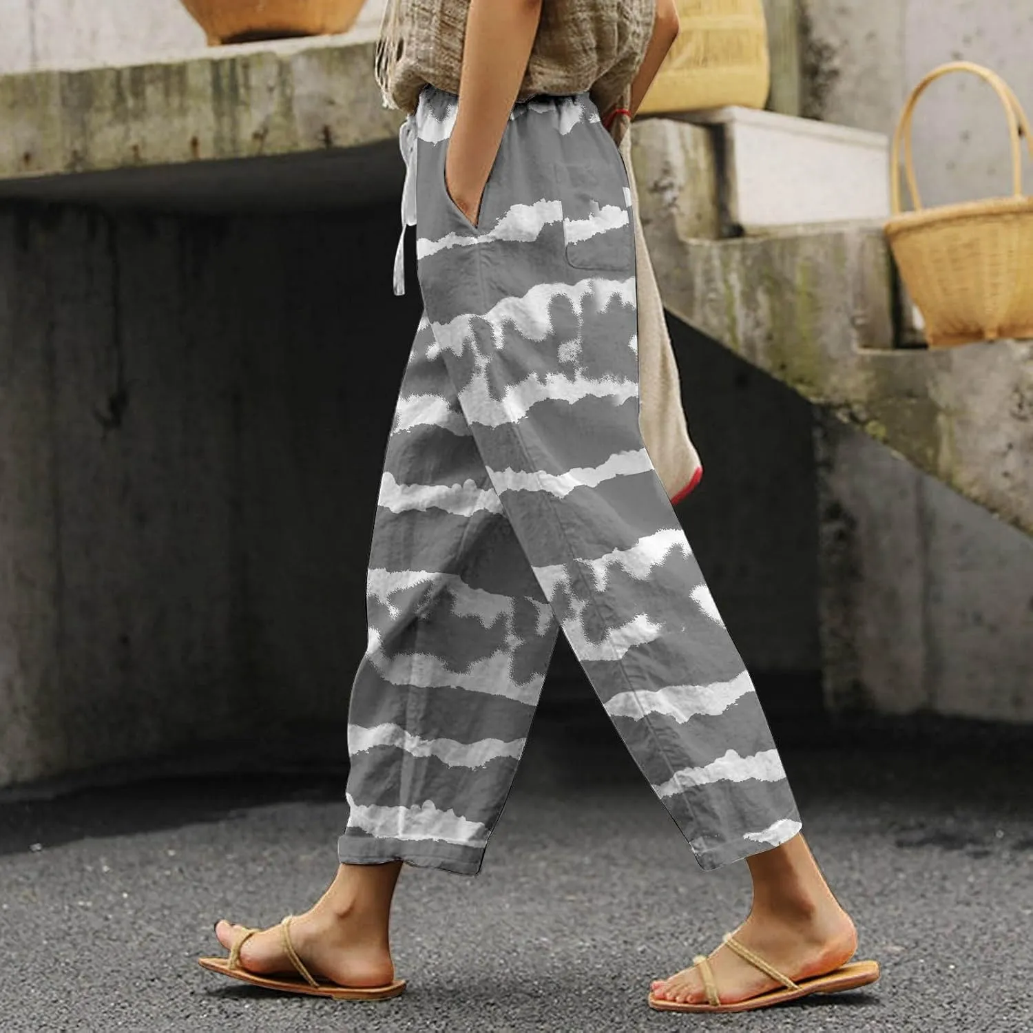 Women's Summer Cotton Linen Pants Elastic Waist Drawstring Straight Leg Lounge Pants Color Block Trousers with Pocket