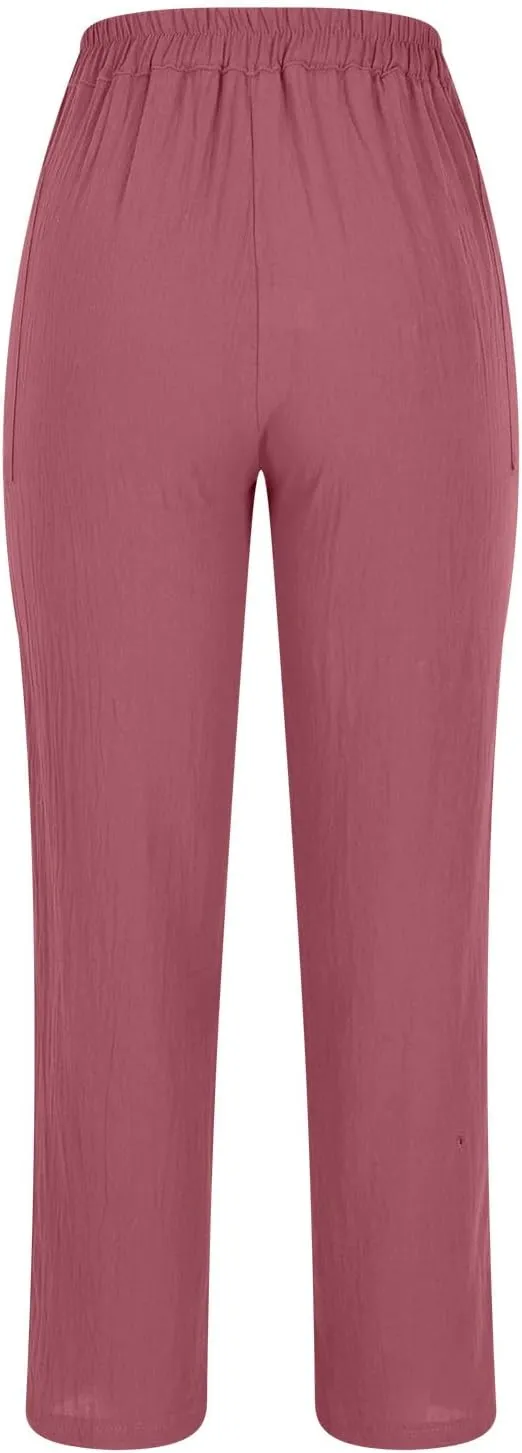 Womens Summer Cotton Linen Pants Wide Leg High Waist Palazzo Pants Lightweight Loose Fit Beach Pants Casual Trousers