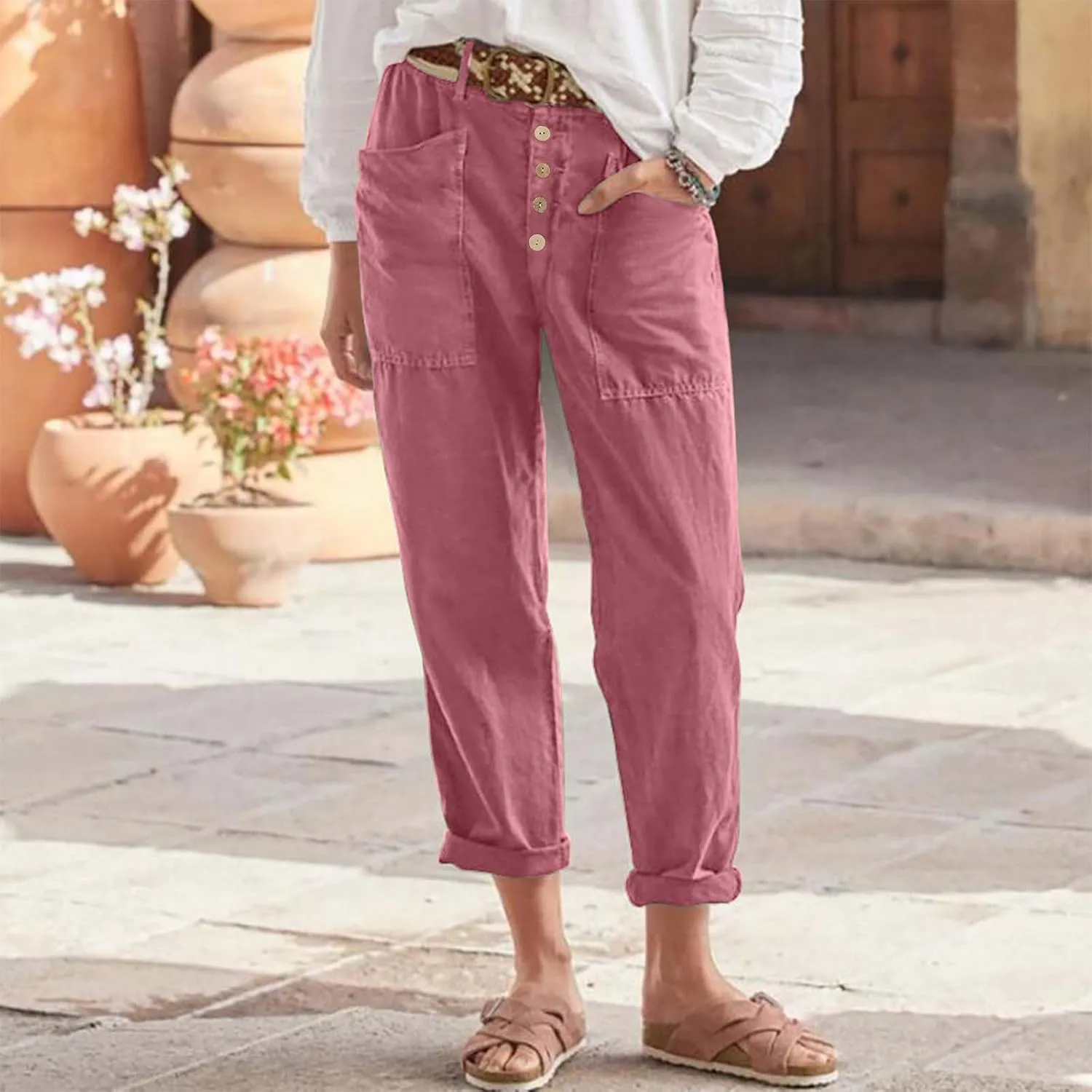 Womens Summer Cotton Linen Pants Wide Leg High Waist Palazzo Pants Lightweight Loose Fit Beach Pants Casual Trousers