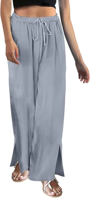 Women's Summer Drawstring Waist Drawstring Pants Gingham Casual Striped Slacks Wide Leg Beach Pants for Women Cotton