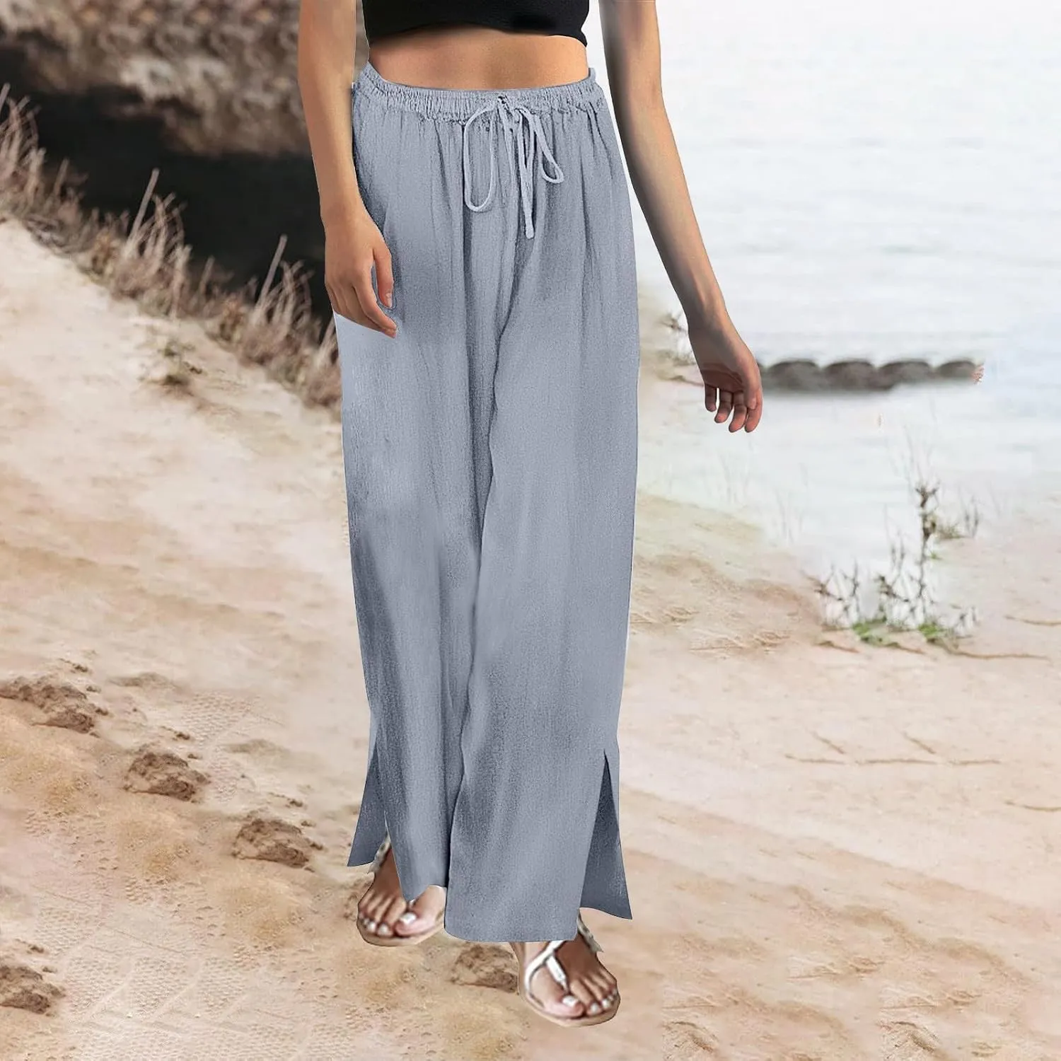 Women's Summer Drawstring Waist Drawstring Pants Gingham Casual Striped Slacks Wide Leg Beach Pants for Women Cotton