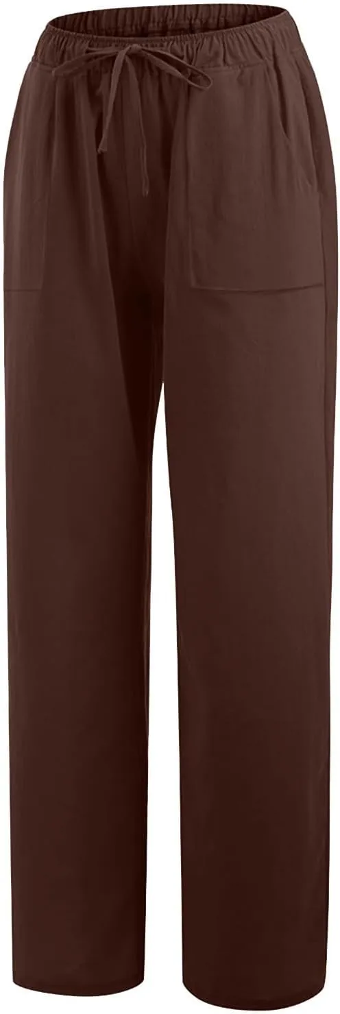 Women's Summer Linen Pants Flowy Wide Leg Long Lounge Pant Drawstring Trousers Business Casual Joggers Slacks Pockets