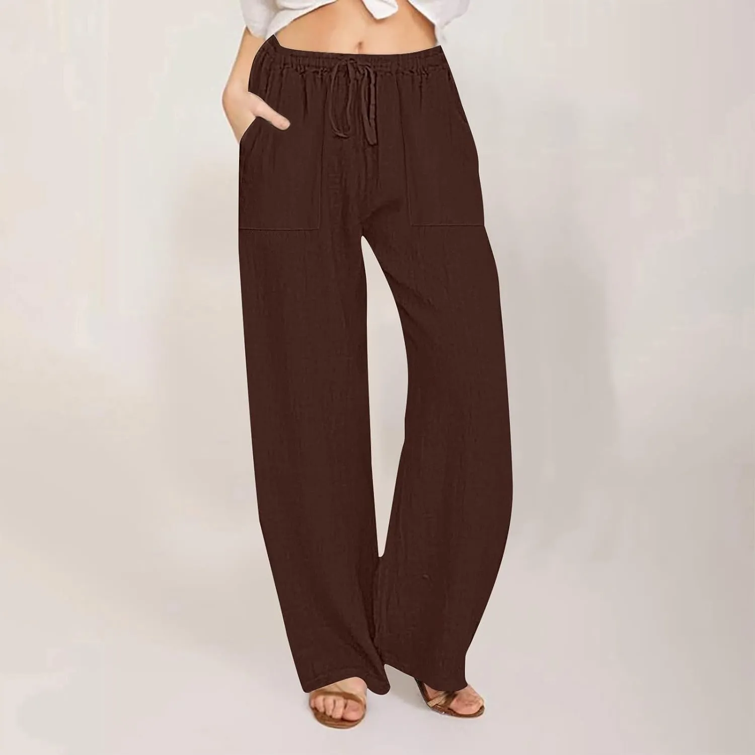 Women's Summer Linen Pants Flowy Wide Leg Long Lounge Pant Drawstring Trousers Business Casual Joggers Slacks Pockets