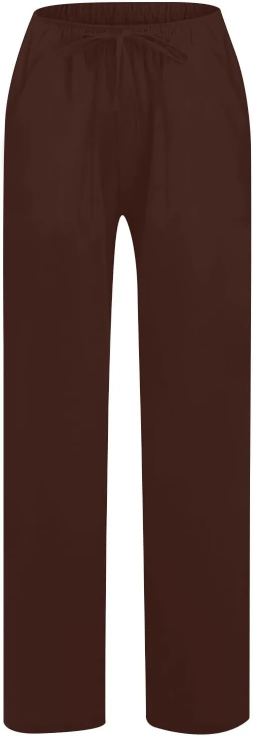 Women's Summer Linen Pants Flowy Wide Leg Long Lounge Pant Drawstring Trousers Business Casual Joggers Slacks Pockets