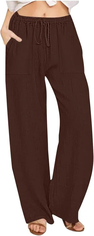 Women's Summer Linen Pants Flowy Wide Leg Long Lounge Pant Drawstring Trousers Business Casual Joggers Slacks Pockets